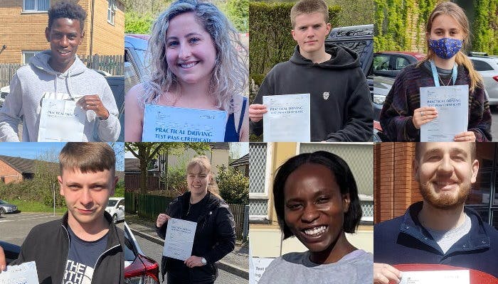 A photo collage of PassMeFast learner drivers holding their driving test pass certificate