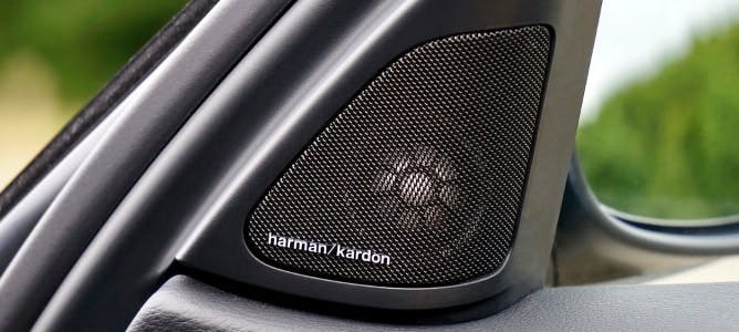 Harman Kardon speaker mounted in a car's A-pillar