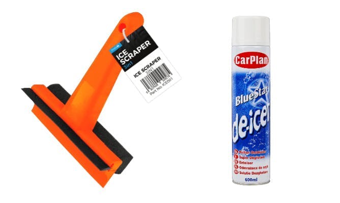 An ice scraper and a bottle of deicer