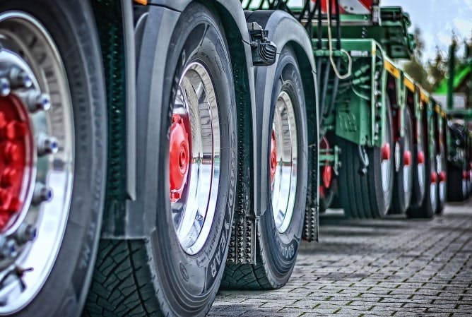 Close up photograph of a lorry's wheels