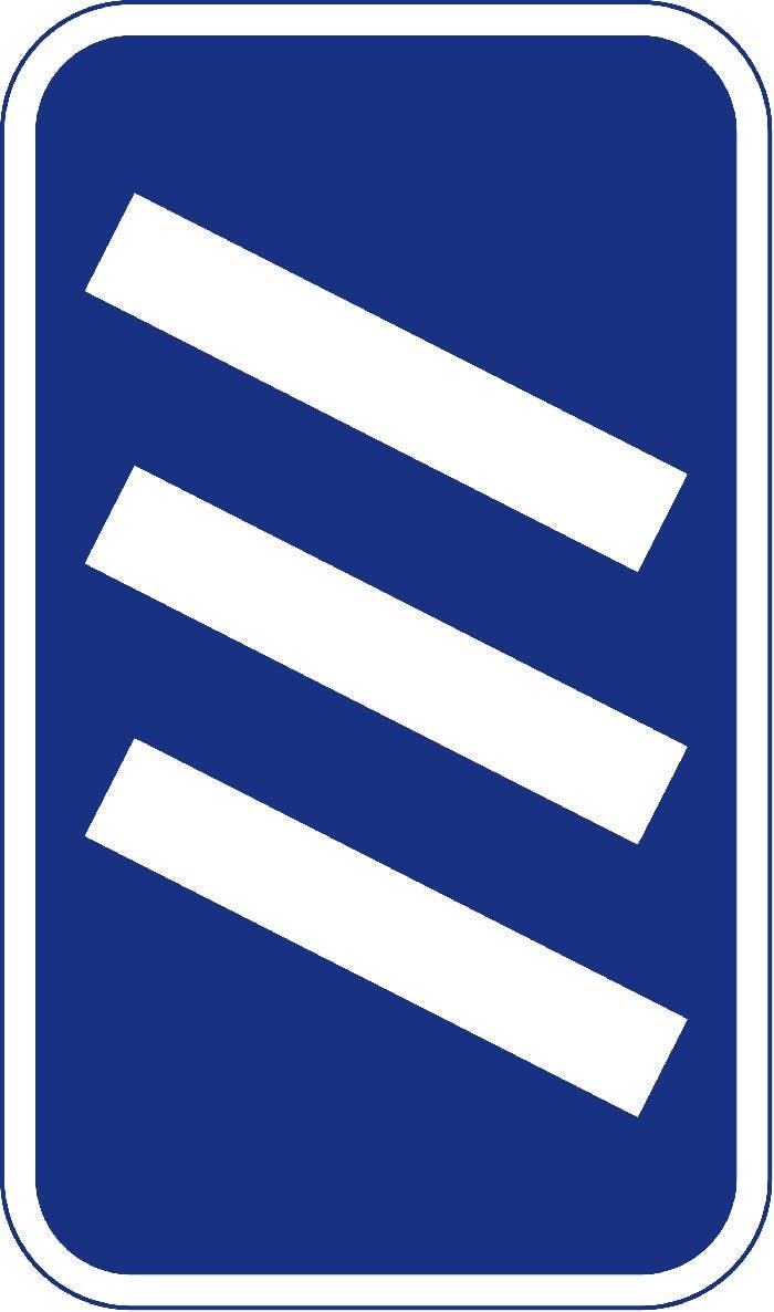 Coundown marker road sign, blue background with three white slanted rectangles