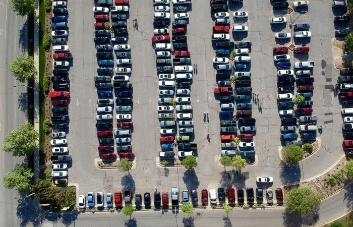 Aerial shot of a car park that's almost full