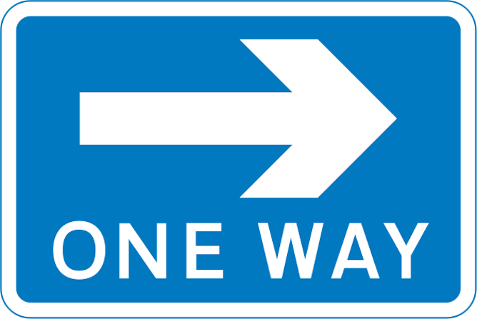 Blue rectangles one way road signs