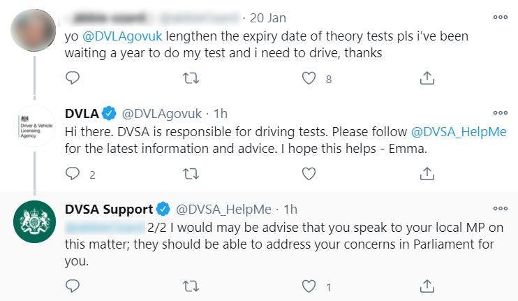 Chat history with DVSA Support on Twitter