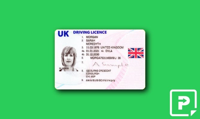 UK driving licence against green backdrop