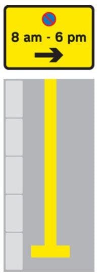 Cartoon depiction of single yellow line on road and corresponding sign