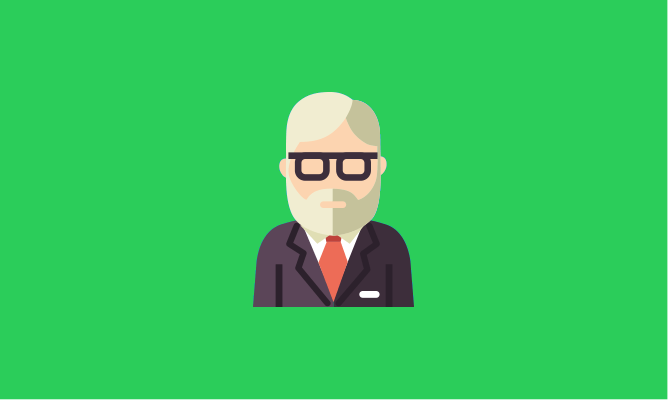 A graphic of an older man in a suit and glasses, representing a driving test examiner