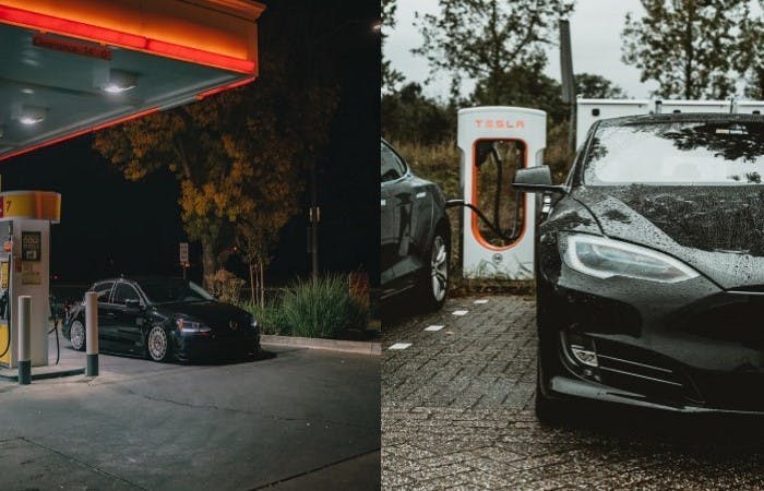 A spplit image, on the eft a black car stopped at a fuelling station, on the right a tesla car charging at a charging station