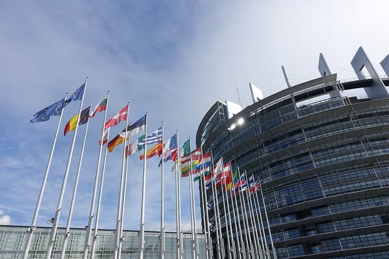 An image of the European parliament building with numerous European flags in front 