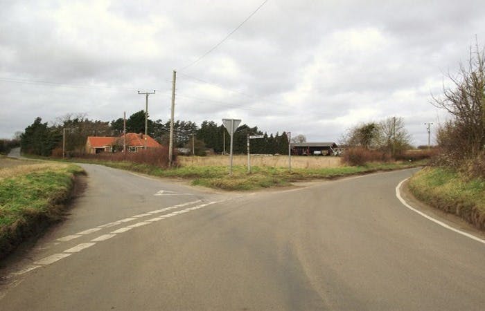 Empty Y-junction near Bardwell Suffolk