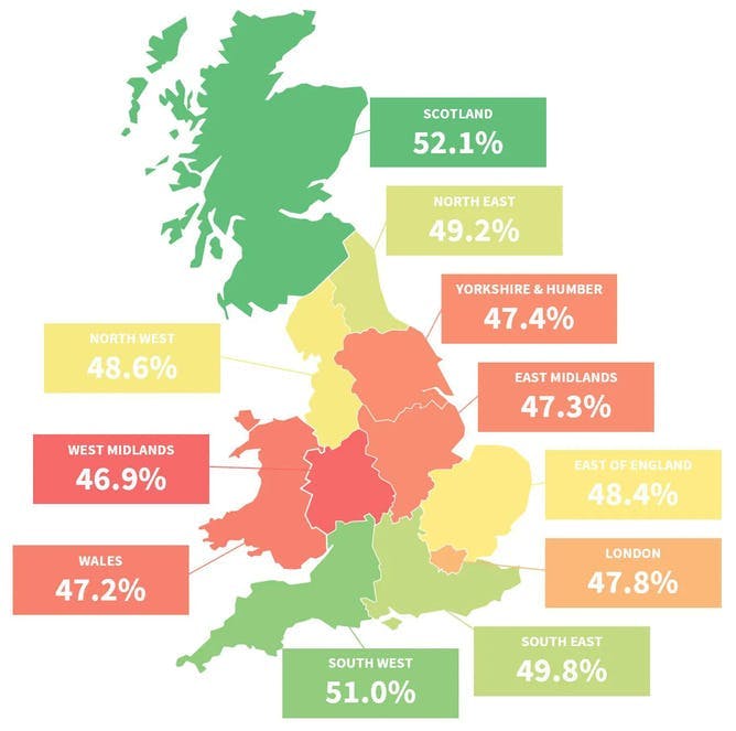 A map showing the theory test pass rate across various places in the UK