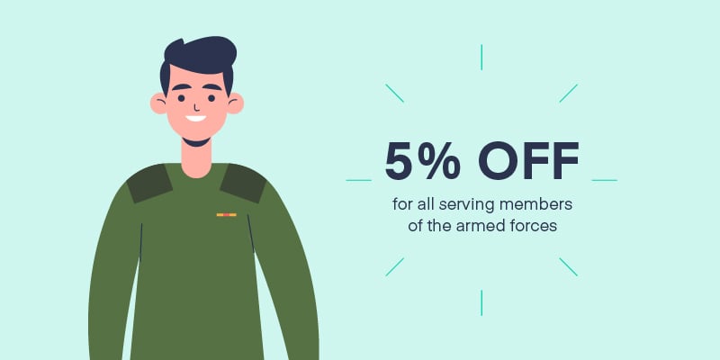 Cartoon of a member of the armed forces with text overlaid saying '5% OFF'.