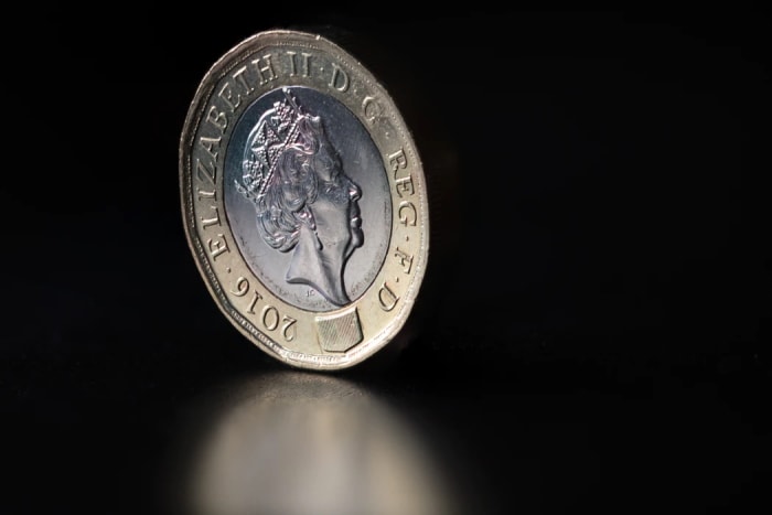 Pound coin against black background