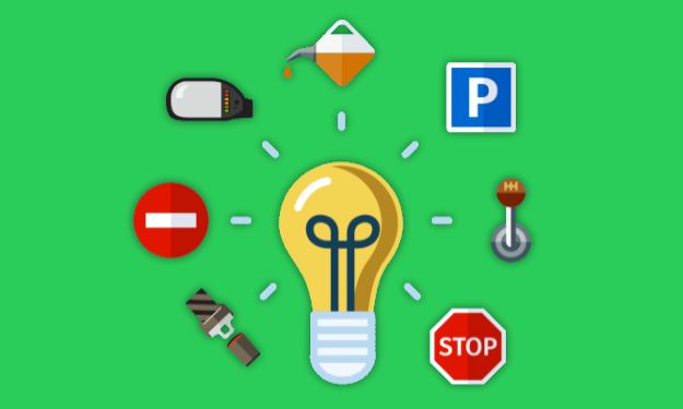 An illustration of driving tips floating around a lightbulb.