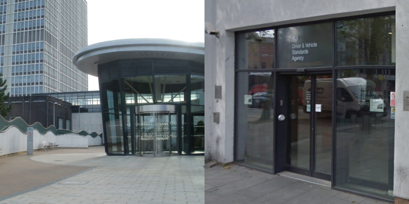 Photo collage of DVLA office in Swansea and DVSA office in Nottingham