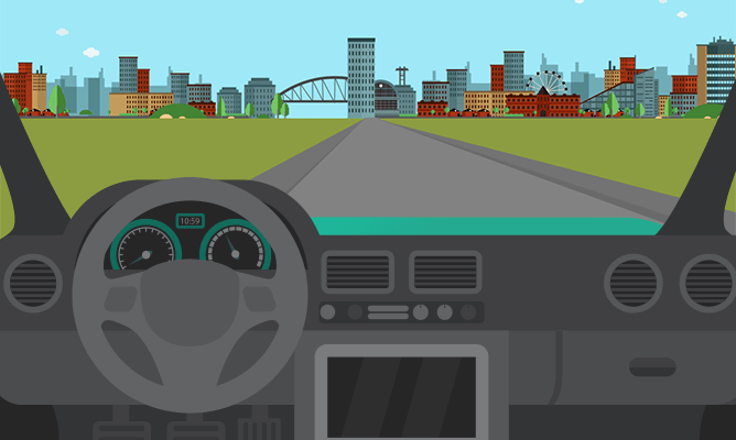 An illustration of a dashboard from the view of someone learning to drive.