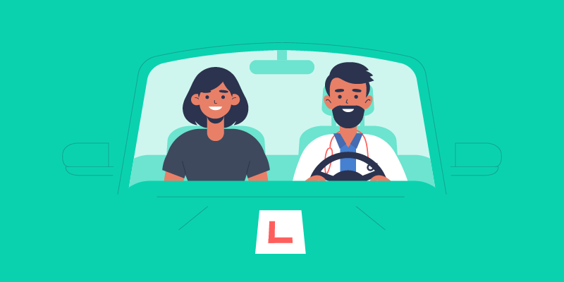Cartoon of a member of the NHS learning to driving a car with an instructor.