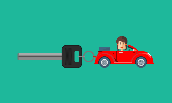 Cartoon of a car dragging a large key after passing driving test