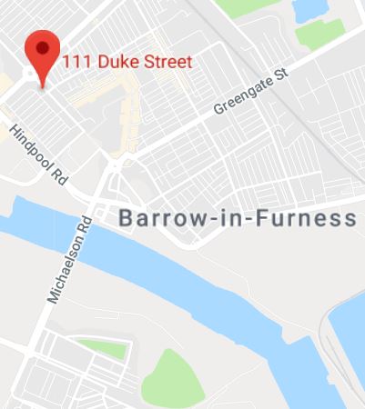 Cropped Google Map with pin over Barrow theory test centre