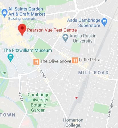 Cropped Google Map with pin over Cambridge theory test centre