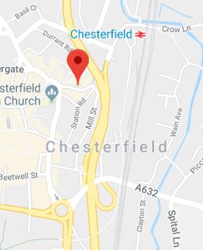 Cropped Google Map with pin over Chesterfield theory test centre