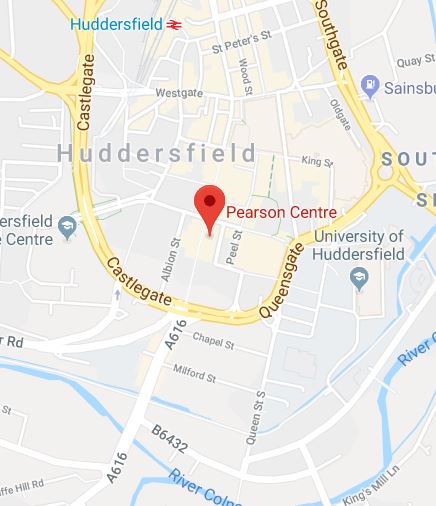Cropped Google Map with pin over Huddersfield theory test centre