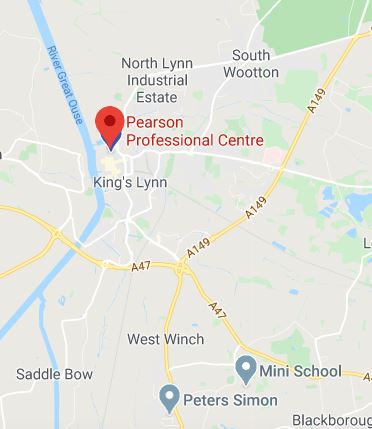 Cropped Google Map with pin over Kings Lynn theory test centre