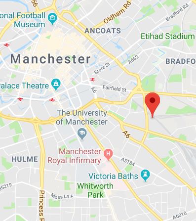 Cropped Google Map with pin over Manchester theory test centre