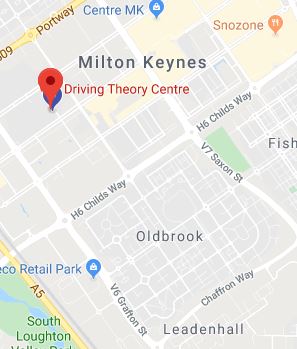 Cropped Google Map with pin over Milton Keynes theory test centre