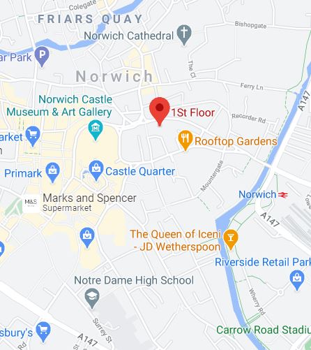 Cropped Google Map with pin over Norwich theory test centre