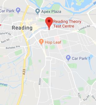 Cropped Google Map with pin over Reading theory test centre