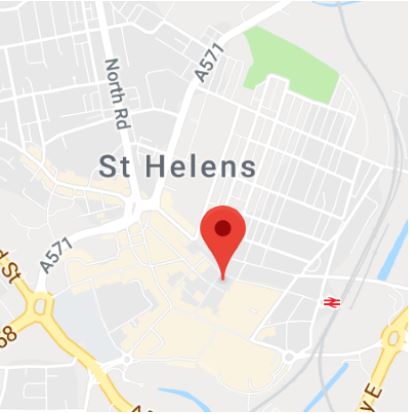 Cropped Google Map with pin over St Helens theory test centre