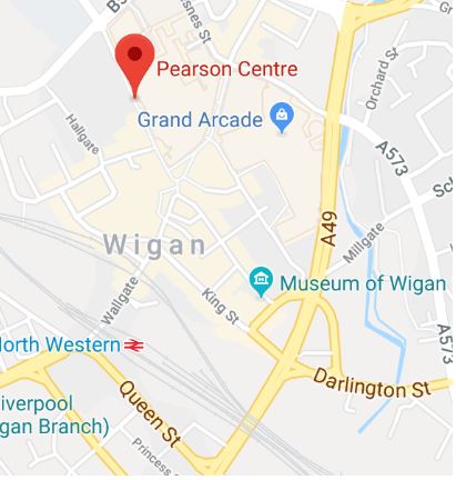Cropped Google Map with pin over Wigan theory test centre