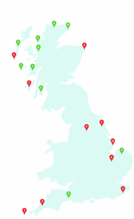 A map with markers showing the best and worst theory test centres in Great Britain.