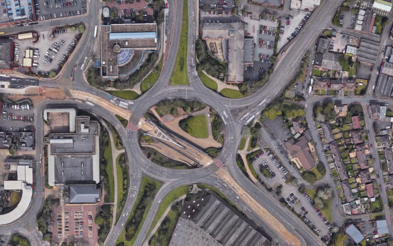 A bird's-eye view of a tram roundabout in Wolverhampton.